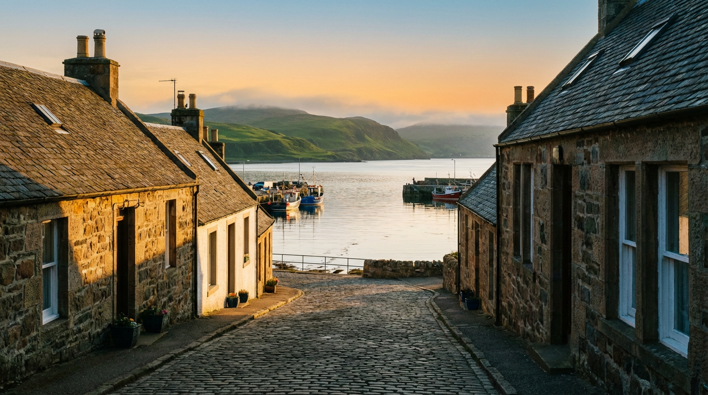 Scottish coastal village at golden hour with stone cottages