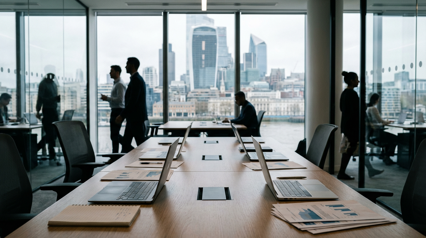 London tech office meeting room with city skyline