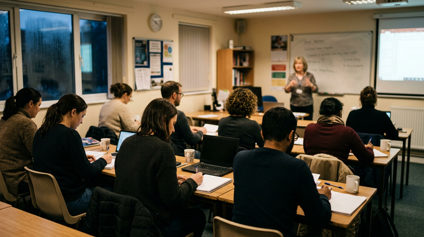 Adults in a UK classroom setting for skills and career development